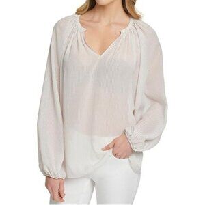 DKNY Womens Striped Sheer Peasant Top Ivory Small